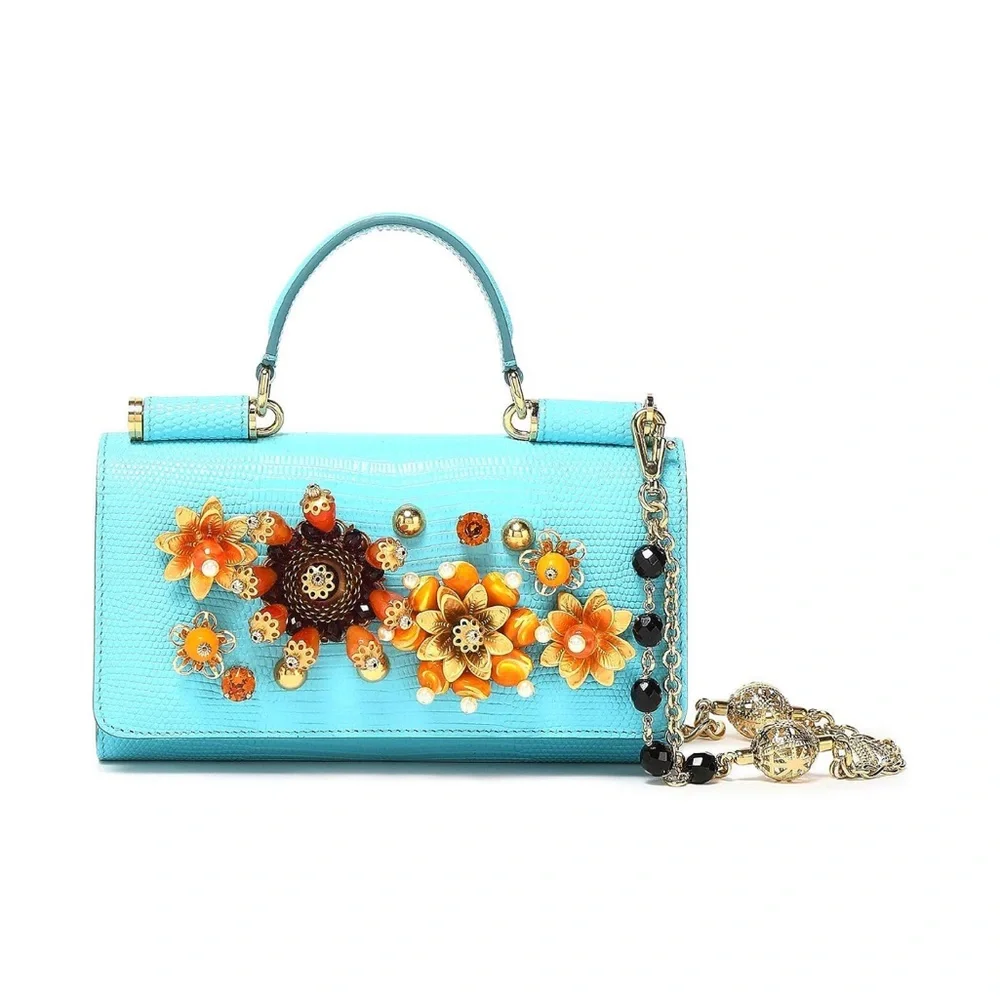 Dolce & Gabbana Turquoise Floral Embellished Top-Handle Clutch